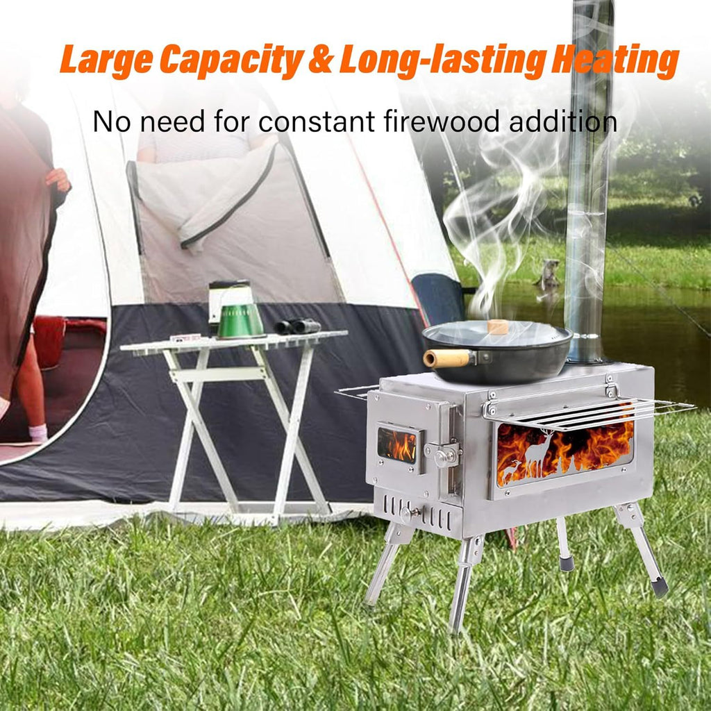 Wood Burning Stove, Stainless Steel Camping Stove, Portable Wood Stove, Outdoor Cooking Camping Wood Stove with 5 Chimney Pipe Sections & Gloves, Ideal for Ice Fishing