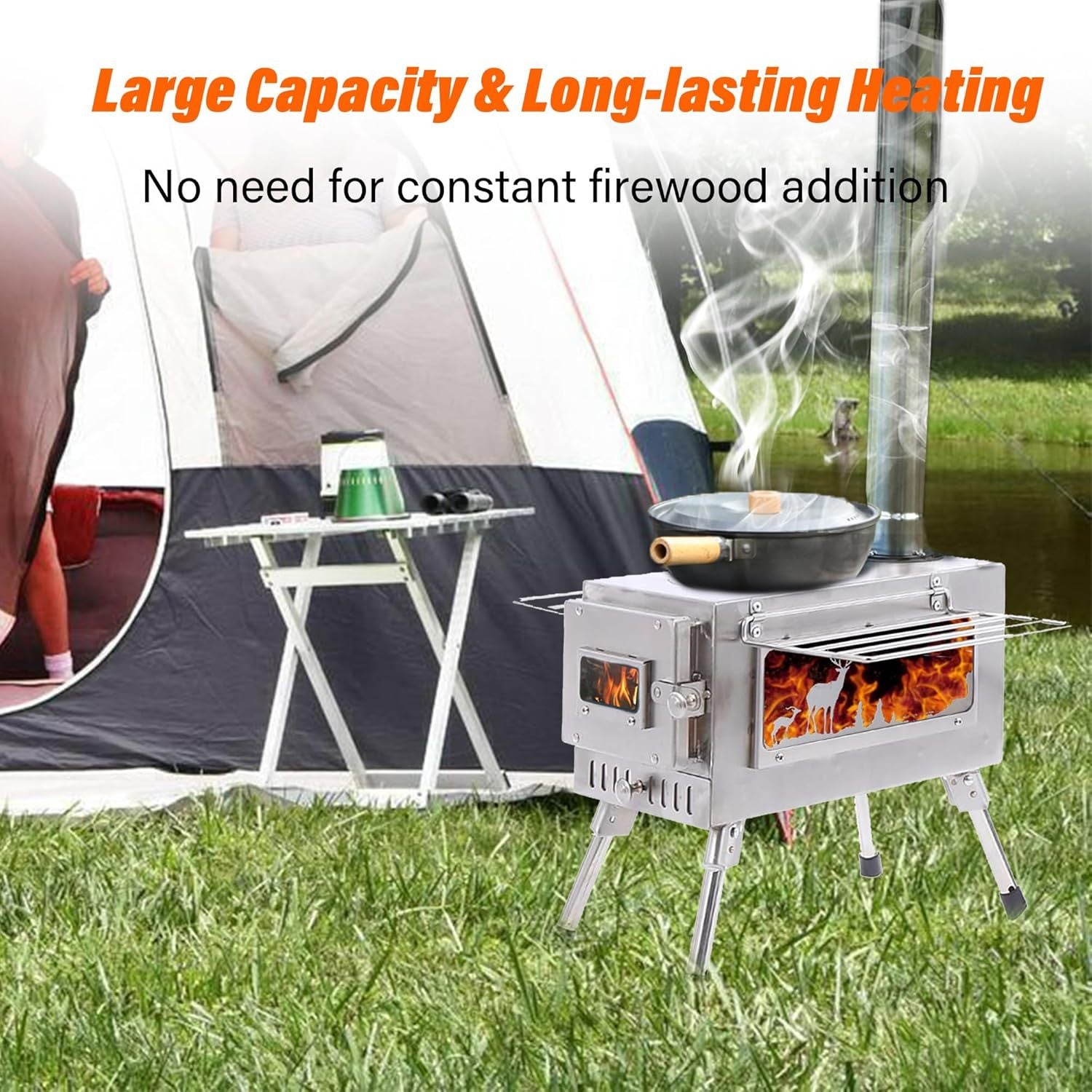 Wood Burning Stove, Stainless Steel Camping Stove, Portable Wood Stove, Outdoor Cooking Camping Wood Stove with 5 Chimney Pipe Sections & Gloves, Ideal for Ice Fishing