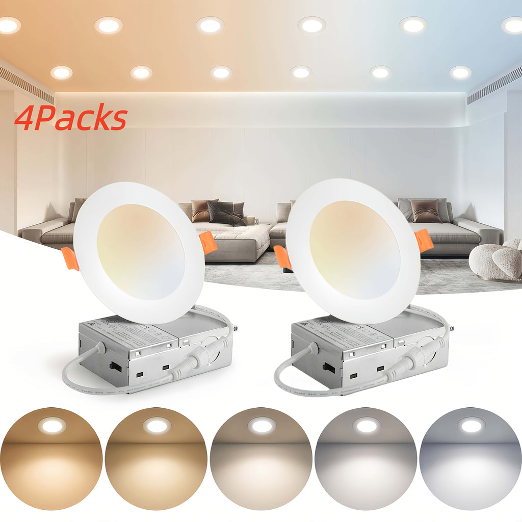 4-Pack Modern 6-Inch Ultra-Thin Recessed Downlight, Dimmable 5 CCT LED Downlight, 12W 1050 Lumen Junction-Boxless Ceiling Light, Suitable for Kitchen, Living Room, Hallway | Includes Junction Box, Easy Installation