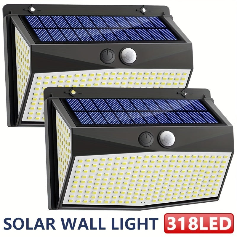Outdoor Courtyard IP65 Exterior Wall Light, 318 LED Solar Motion Sensor Wall Light (3-Level Function) Security Solar Floodlight Suitable for Outdoor Fence Wall