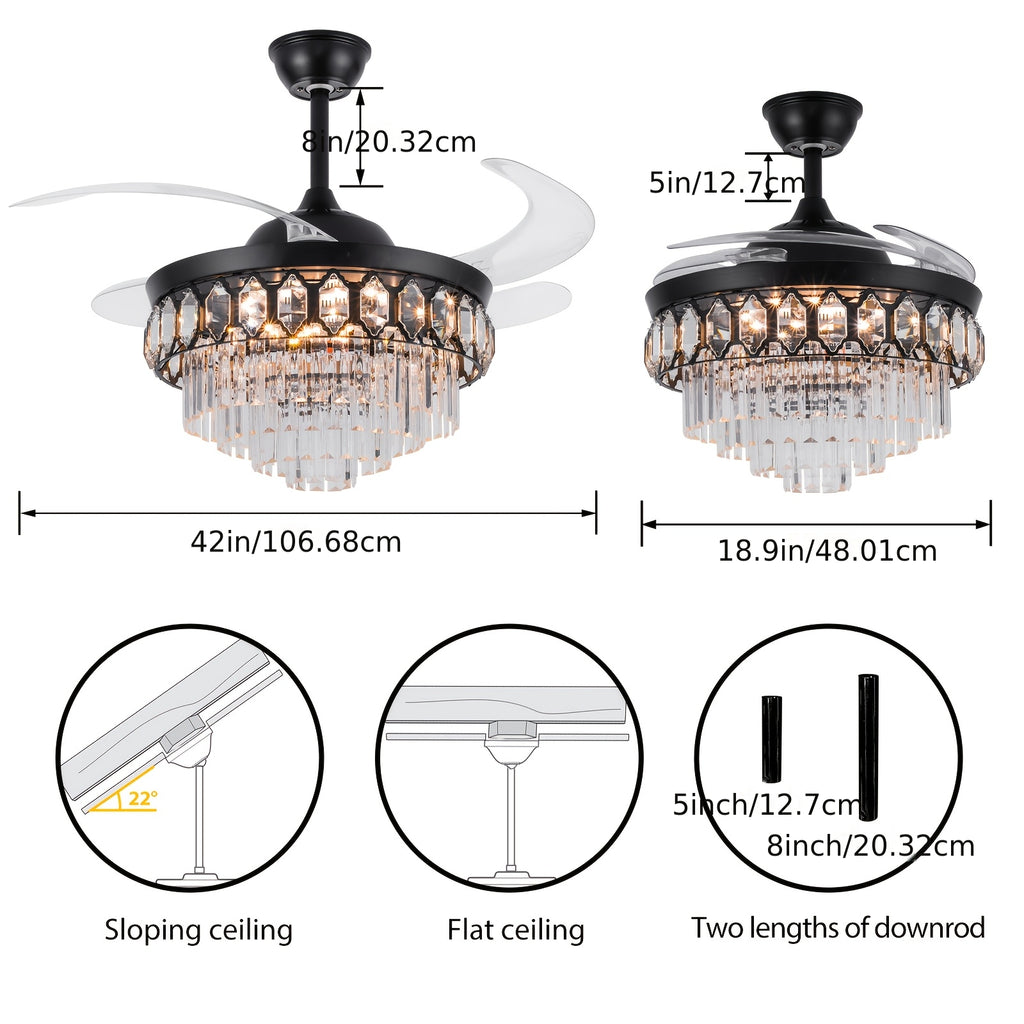42 Inch Black Crystal Ceiling Light, Luxury Retractable Chandelier Fan with Music Player, 6-Speed Dimmable Chandelier, Ideal for Bedroom Living Room, Chandelier with Fan, Home Theater Lighting