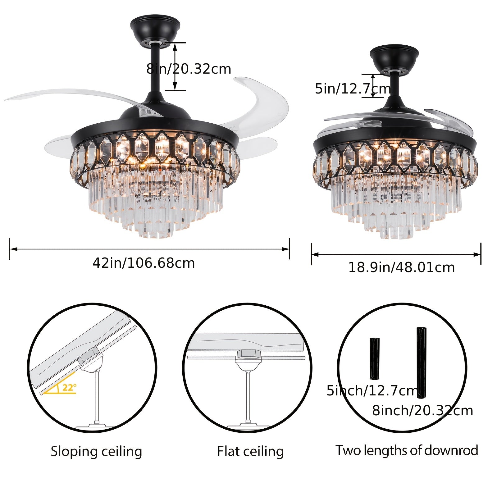 42 Inch Black Crystal Ceiling Light, Luxury Retractable Chandelier Fan with Music Player, 6-Speed Dimmable Chandelier, Ideal for Bedroom Living Room, Chandelier with Fan, Home Theater Lighting