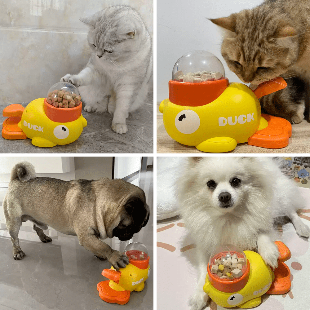 一款黄色小鸭子造型互动益智玩具，适用于猫和狗，带有零食分配功能，无需电池