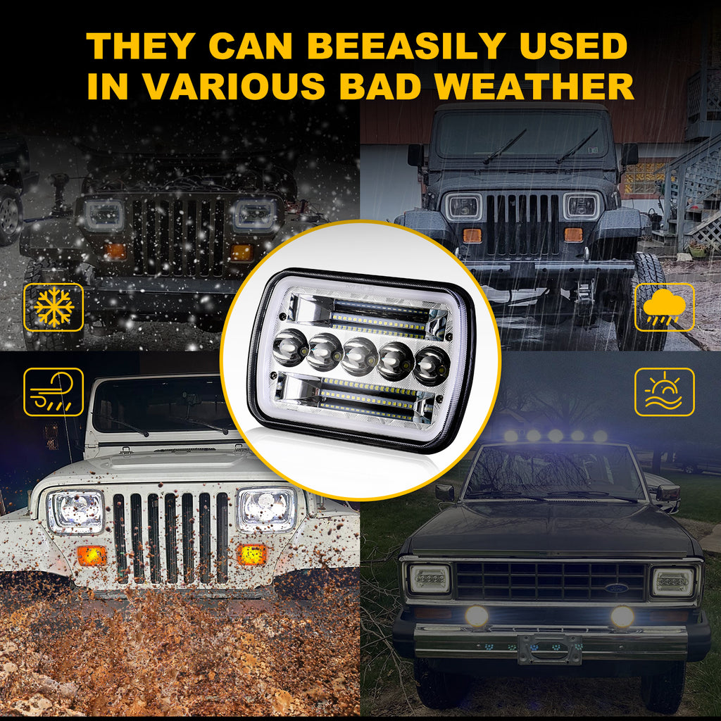 7-Inch Five-Eye Angel Eye Square Light (Pair) Four-Light Mode, 60W Headlight, Suitable for Most Vehicles with 7x6 Inch or 5x7 Inch Sealed Beam Headlights