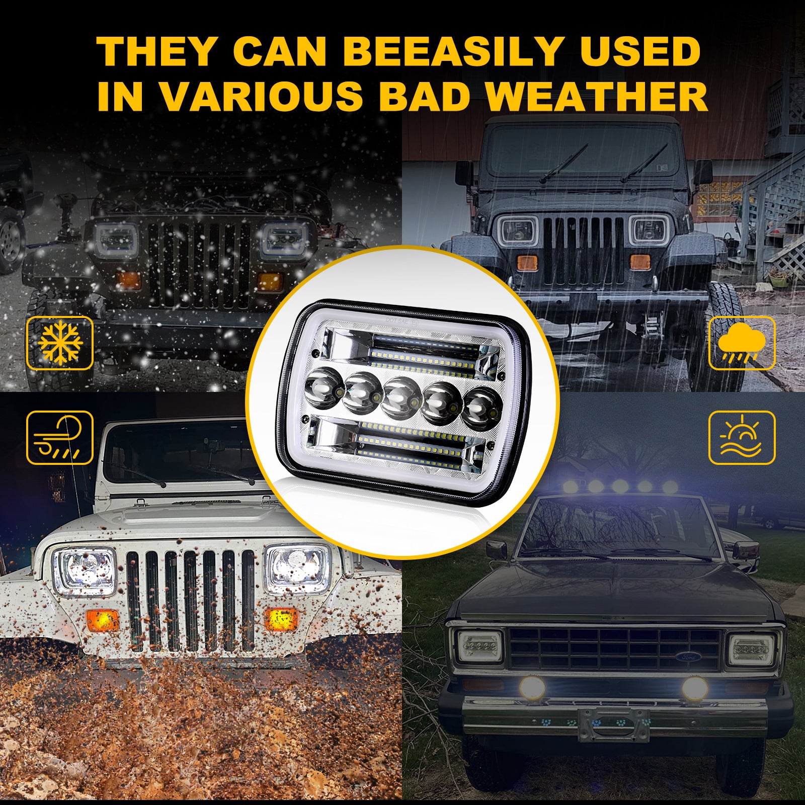 7-Inch Five-Eye Angel Eye Square Light (Pair) Four-Light Mode, 60W Headlight, Suitable for Most Vehicles with 7x6 Inch or 5x7 Inch Sealed Beam Headlights