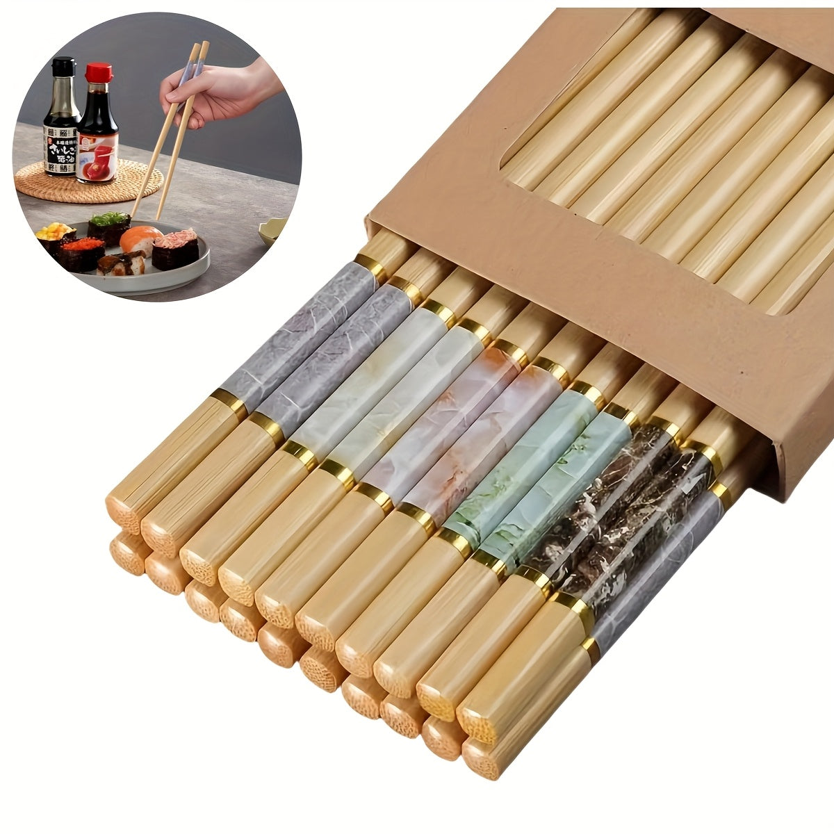 10 Pairs, 24cm / 9.45 Inches, Patterned Bamboo Chopsticks Reusable – Perfect for Wedding Parties, Ceremonies – Chinese Natural Anti-Slip Chopsticks – Dishwasher Safe – Lightweight Chopstick Set – Great for Eid