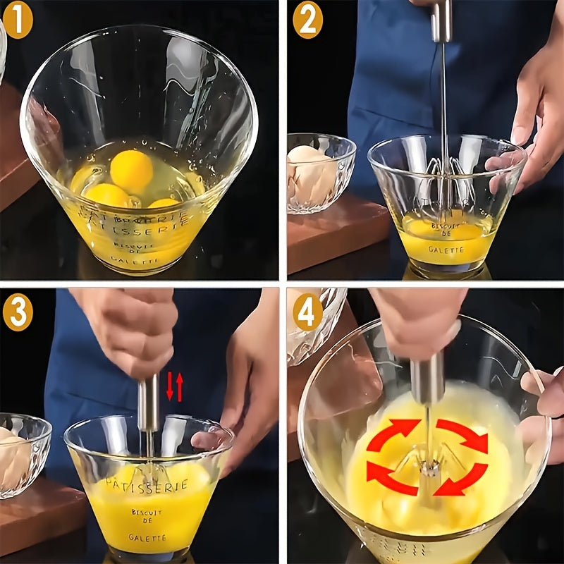 1pc Multifunctional Stainless Steel Whisk & Milk Frother, Home Baking Tools, Cream Egg Hand Blender, Household Push Blender Blender - Egg Whisk, Milk Frother, Hand Push Blender Blender Multi-Tool - Kitchen Utensils for Mixing, Blending, Beating