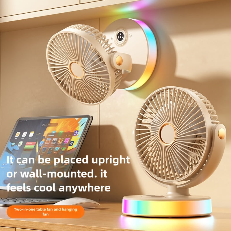 2025 New Colorful Desk Lamp Fan, USB Rechargeable 1800mAh Large Capacity Battery, 3 Speed Levels, Wall Mountable