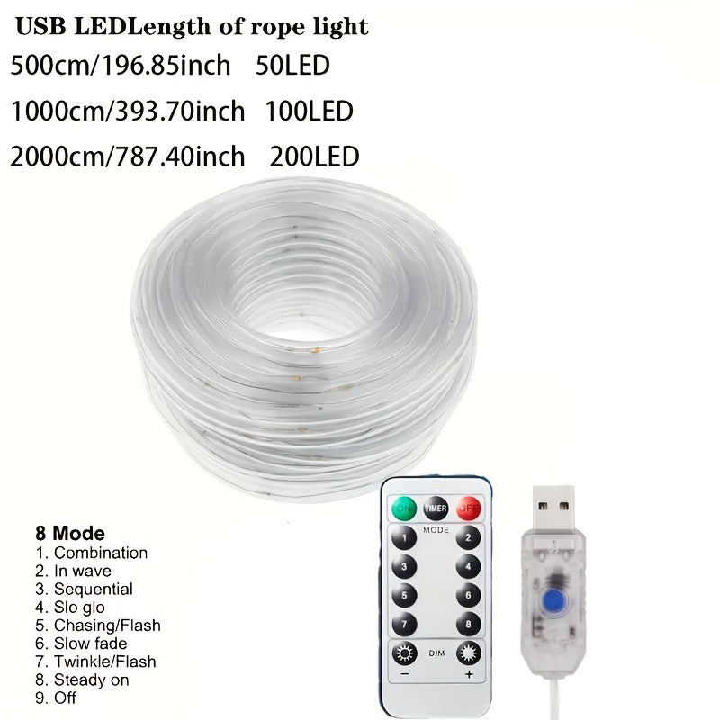 1件USB庭院透明管子串灯，遥控仙女灯条、装饰灯条，50/100/200LED，适用于室内或室外造型如圣诞树、花园植物、室内楼梯、户外围栏，DIY任何节日场景礼物装饰，8种模式开启