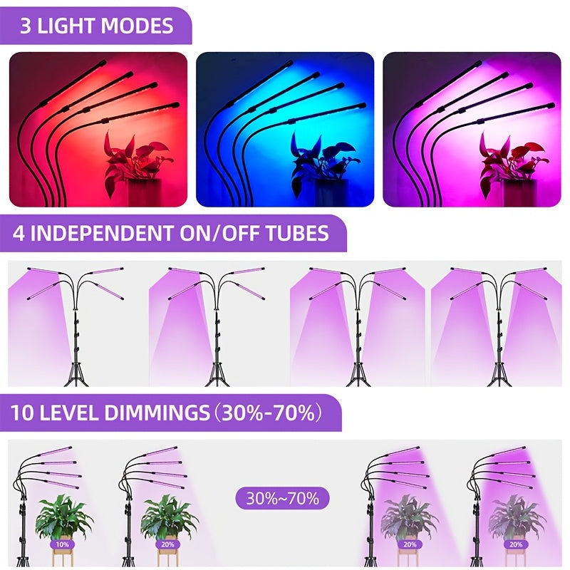 Triangle Stand Strip Plant Grow Light, 5-Head Rotatable Gooseneck Dimmable Timing Plant Light, 2.1m Height with USB Cable, Adjustable Brightness & Height, High Lumen, Indoor Supplemental Grow Light for Living Room