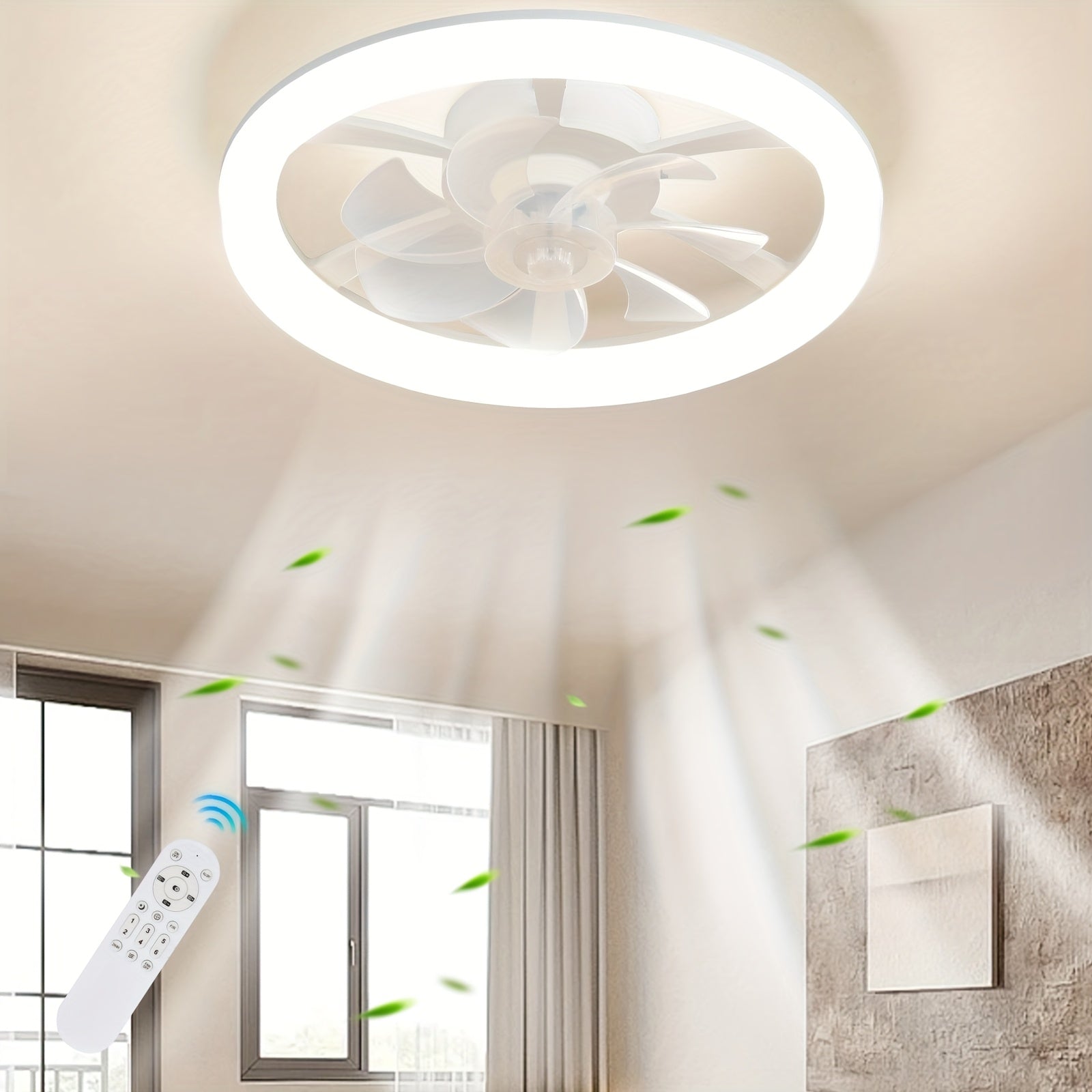 Bedroom Ceiling Fan Light with Remote Control, 17.72 Inch Diameter, Low Profile Flush Mount Upgrade Fan, 6 Speed Levels, Dimmable LED Light, Quiet DC Motor Operation