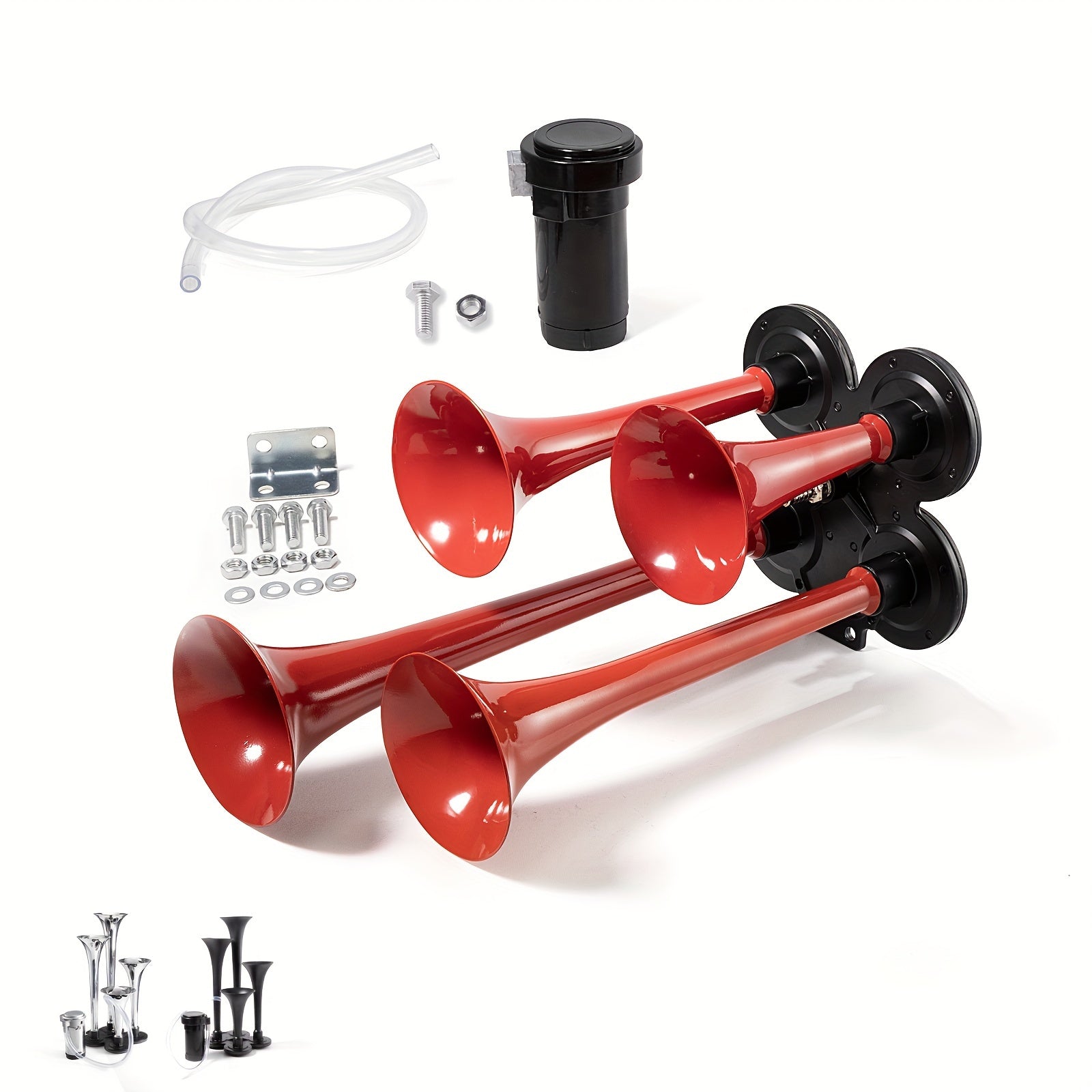 ALLREY Truck Air Horn Train Horn 12V 4-Horn Car Horn Super Loud Air Horn with Compressor, Fits Vehicles Trucks Cars Pickup Jeep SUV Train Boat, Matte Black Silver Red