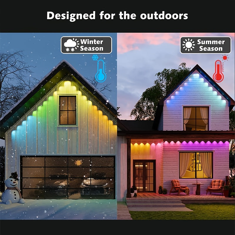 200Ft 永久型 RGB 屋檐灯，具备App控制、遥控器、场景模式，专为户外装饰设计，适用于花园、派对和节日