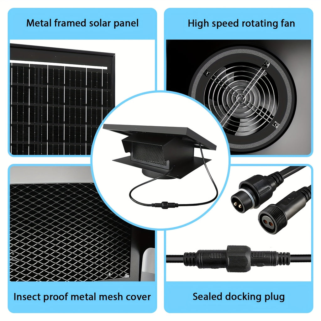 25W Solar Roof Vent Fan, 8" Detachable Roof Vent, 9.84ft Connection Cable, Rust-Resistant Coating Solar Attic Exhaust Fan, Ideal Roof Fan for Garage, Shop and Warehouse, Black