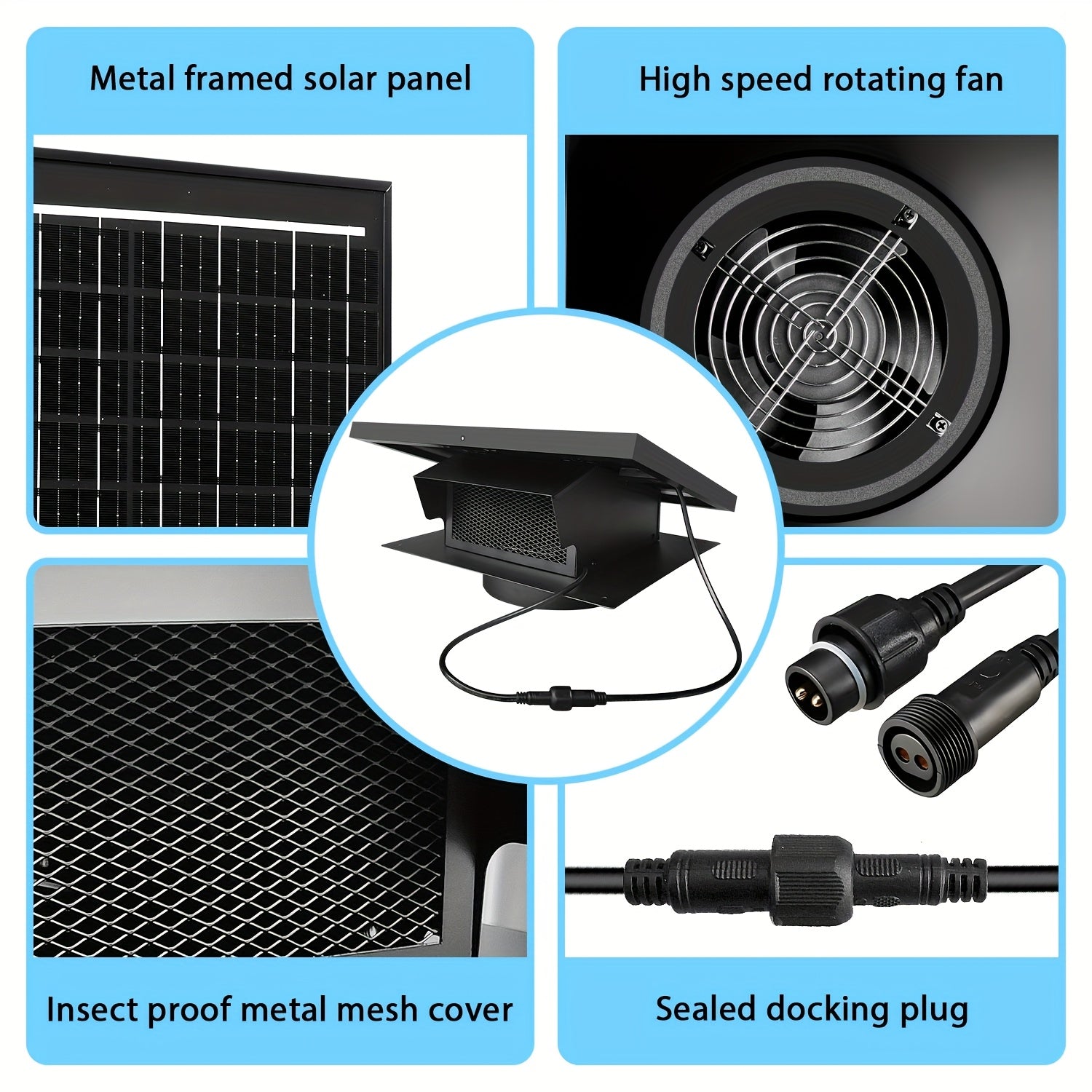 25W Solar Roof Vent Fan, 8" Detachable Roof Vent, 9.84ft Connection Cable, Rust-Resistant Coating Solar Attic Exhaust Fan, Ideal Roof Fan for Garage, Shop and Warehouse, Black