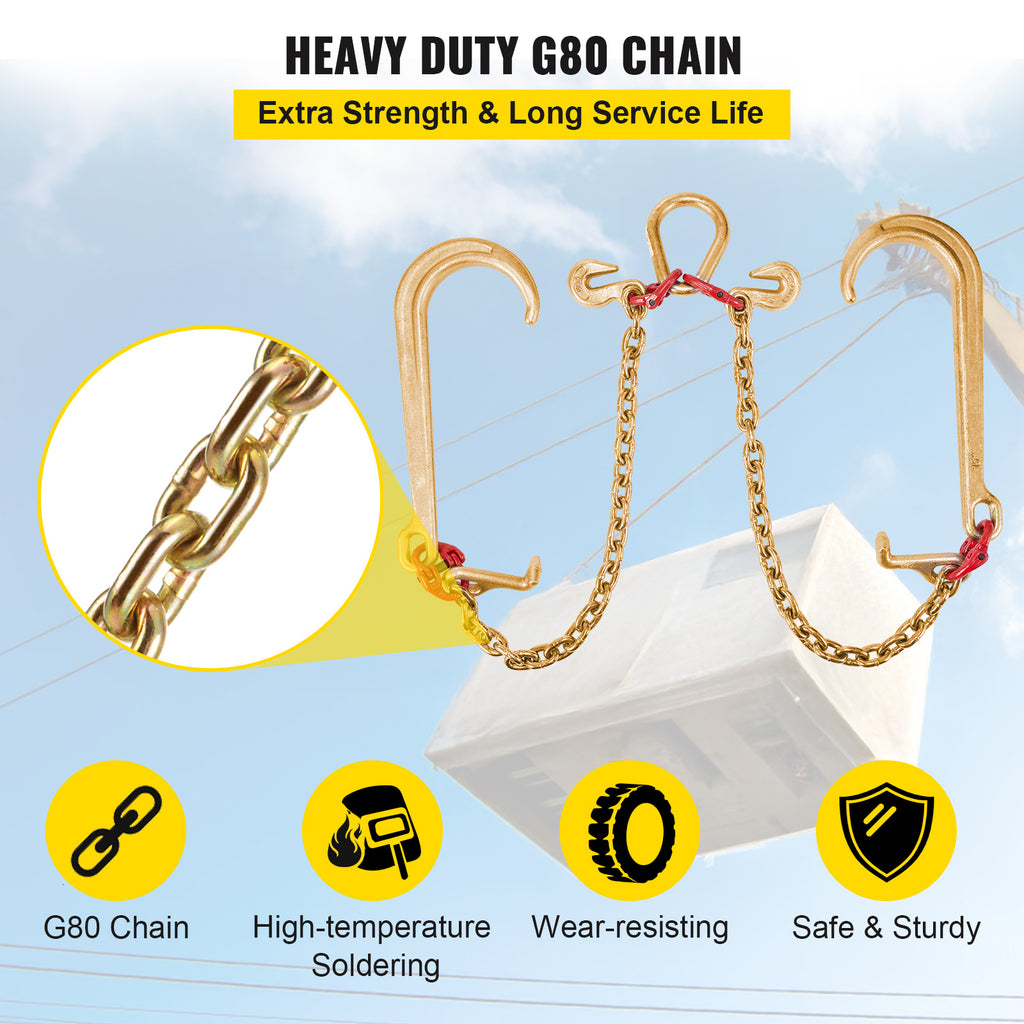 VEVOR V Harness Chain, 8 mm x 60 cm Harness Tie Down Chain, Grade 80 V-Harness Transport Chain, 4898 kg Breaking Strength, with TJ Hooks and Crab Hooks, Heavy Duty Pear Link Connector and Chain Shortener