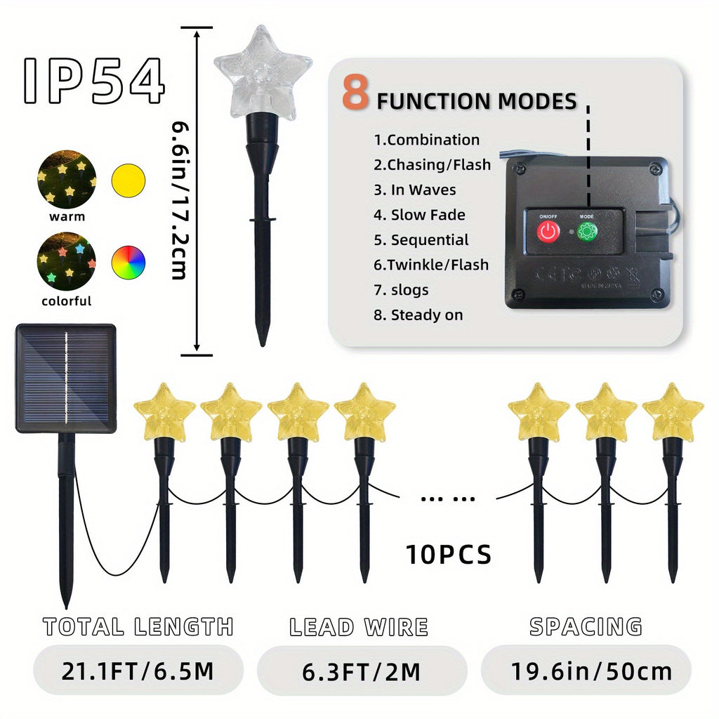 10件装，户外太阳能灯，21.1英尺星星灯串，仙女灯串8种灯光模式，适用于庭院、花园、小径、情人节、圣诞节装饰、草坪、露营
