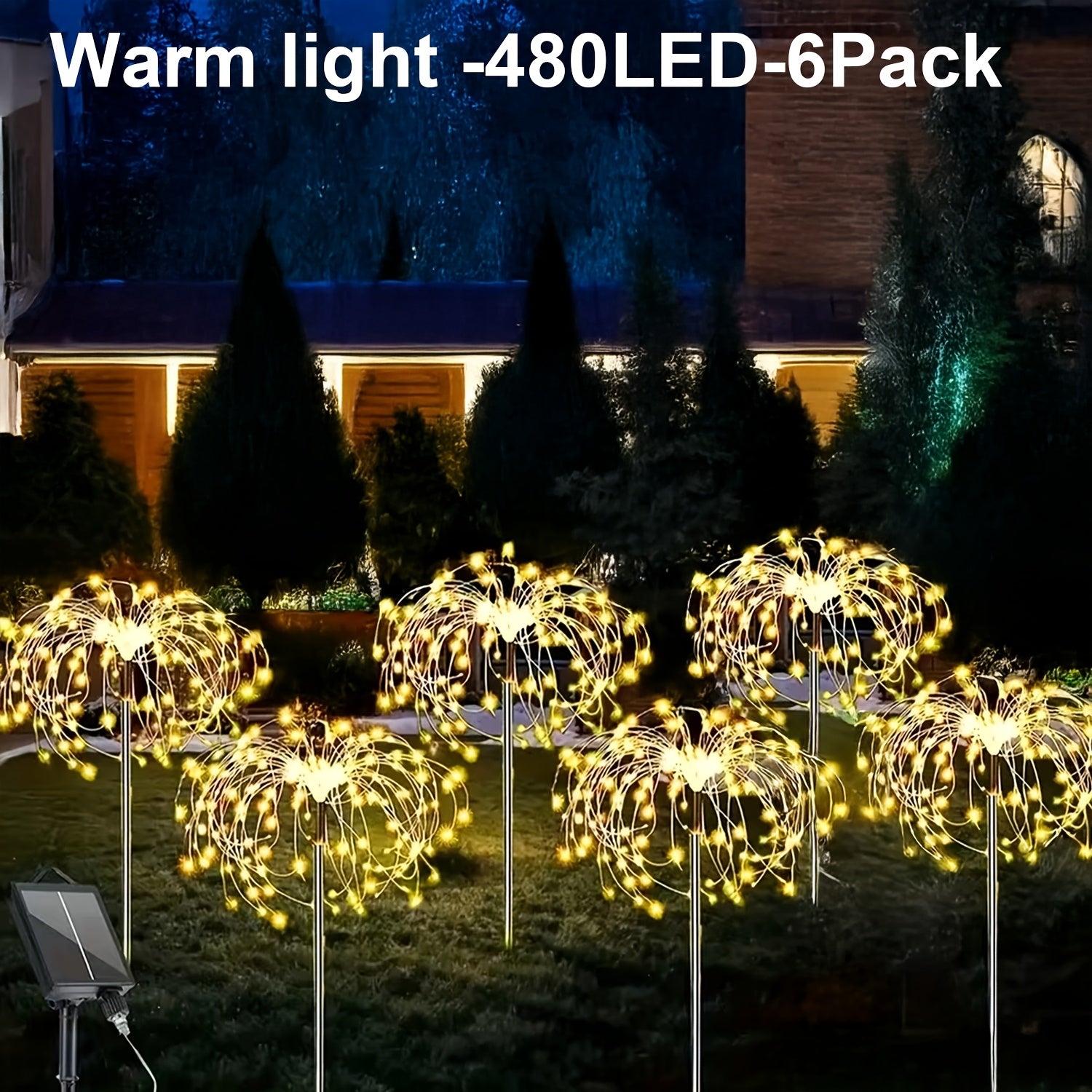 6包装-480LED，4包装320/240LED，1包装-90LED户外太阳能烟花灯，户外草坪灯，灯条，太阳能花园灯，IP44，8种模式，适用于庭院、露台、小路、露营景观、婚礼派对、复活节花园、情人节礼物