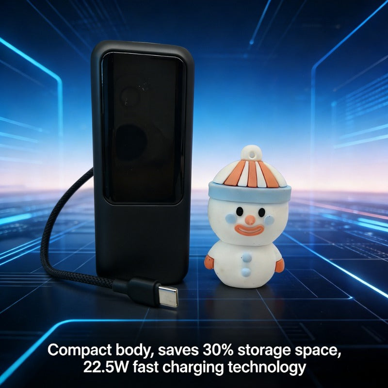 Ultra-Thin Portable Power Bank with Built-in Cable & Fast Charging Suitable for Travel, 10000mAh, USB-C Charger, LED Display, USB-C to USB-C/USB-C to USB- Cable Compatible for Smartphones Tablets Cameras, Compact Mobile Charger
