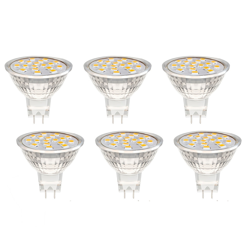 6-pack GU4 MR11 3W LED spotlight, replaces 20W 30W halogen reflector, warm white 3000K, 300 lumens, AC/DC 12V-24V, non-dimmable, 120° beam angle, suitable for wardrobes, living rooms, kitchens, hallways, shops, schools