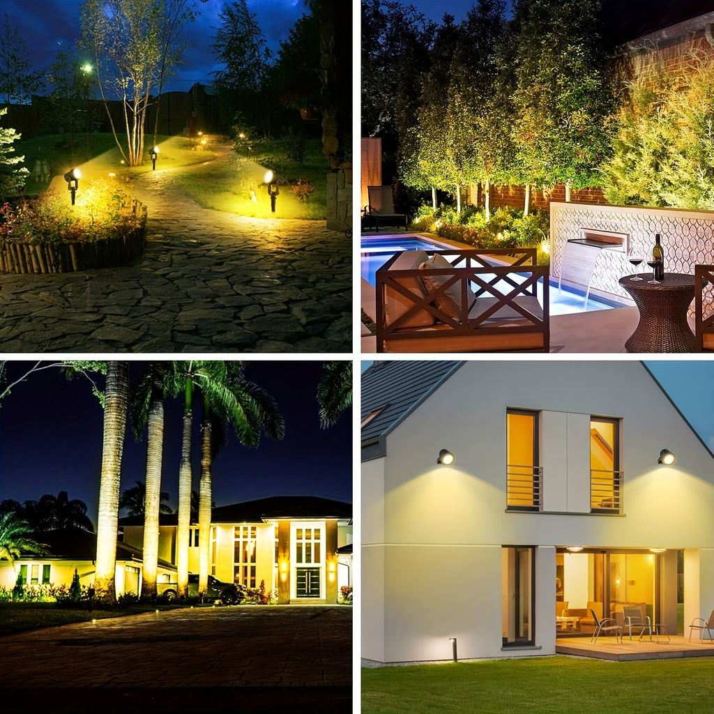 Outdoor solar spotlights, available in 2/4-pack, offering warm white and cool white options, suitable for landscaping, Christmas decoration, and illuminating yards, trees, gardens, ponds, and pool areas