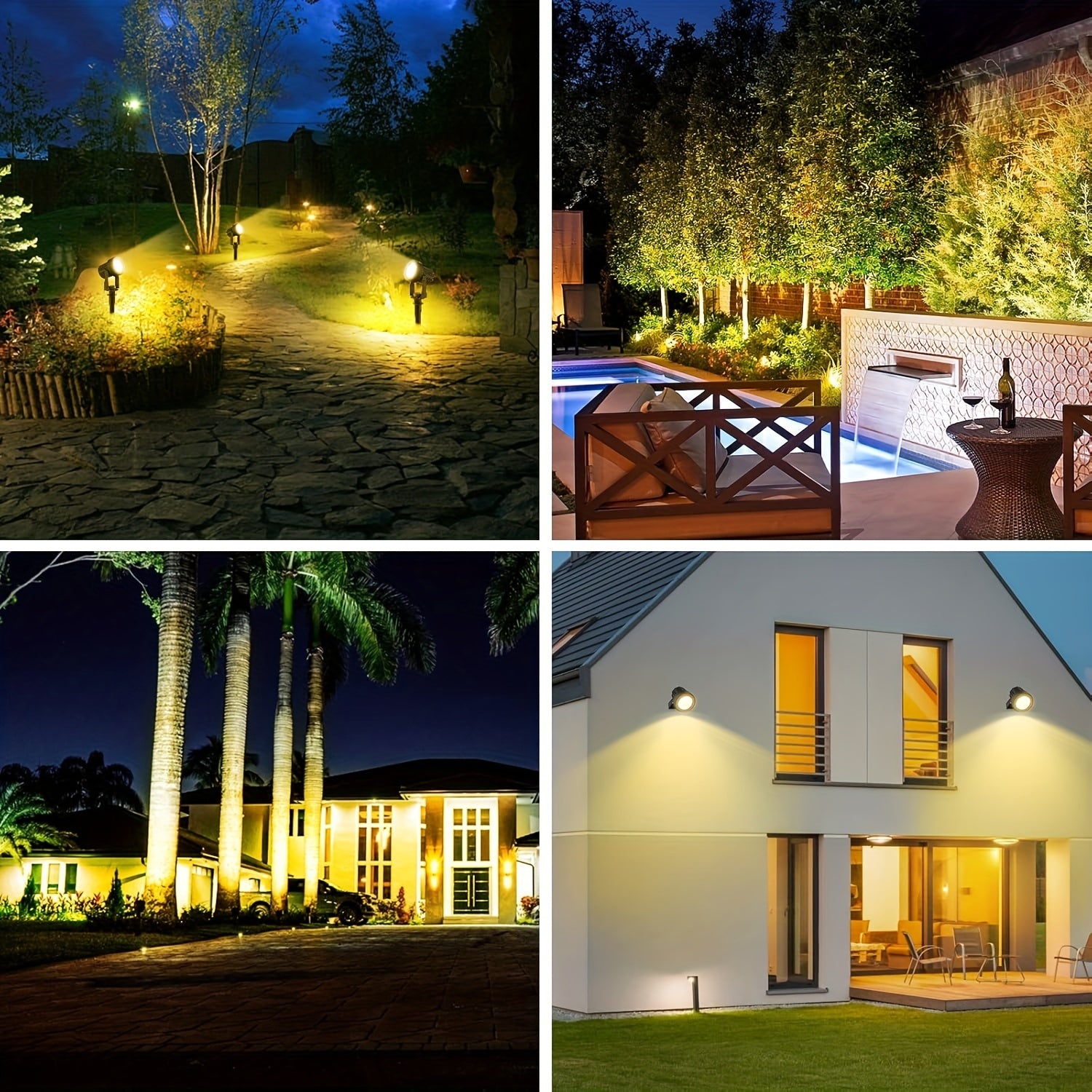 Outdoor solar spotlights, available in 2/4-pack, offering warm white and cool white options, suitable for landscaping, Christmas decoration, and illuminating yards, trees, gardens, ponds, and pool areas