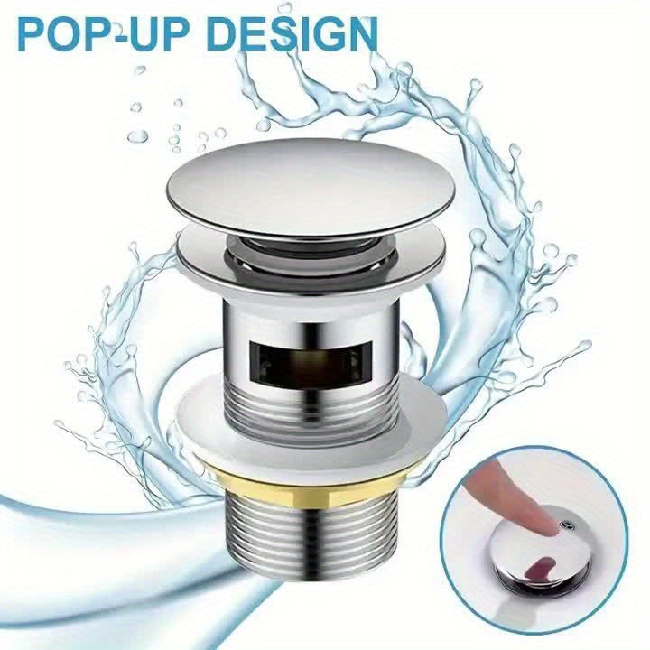 1-Piece Stainless Steel Pop-Up Sink Drain - Push-to-Close, Odor-Proof Bathroom Glass Basin Drainer, Washbasin Waste Fitting