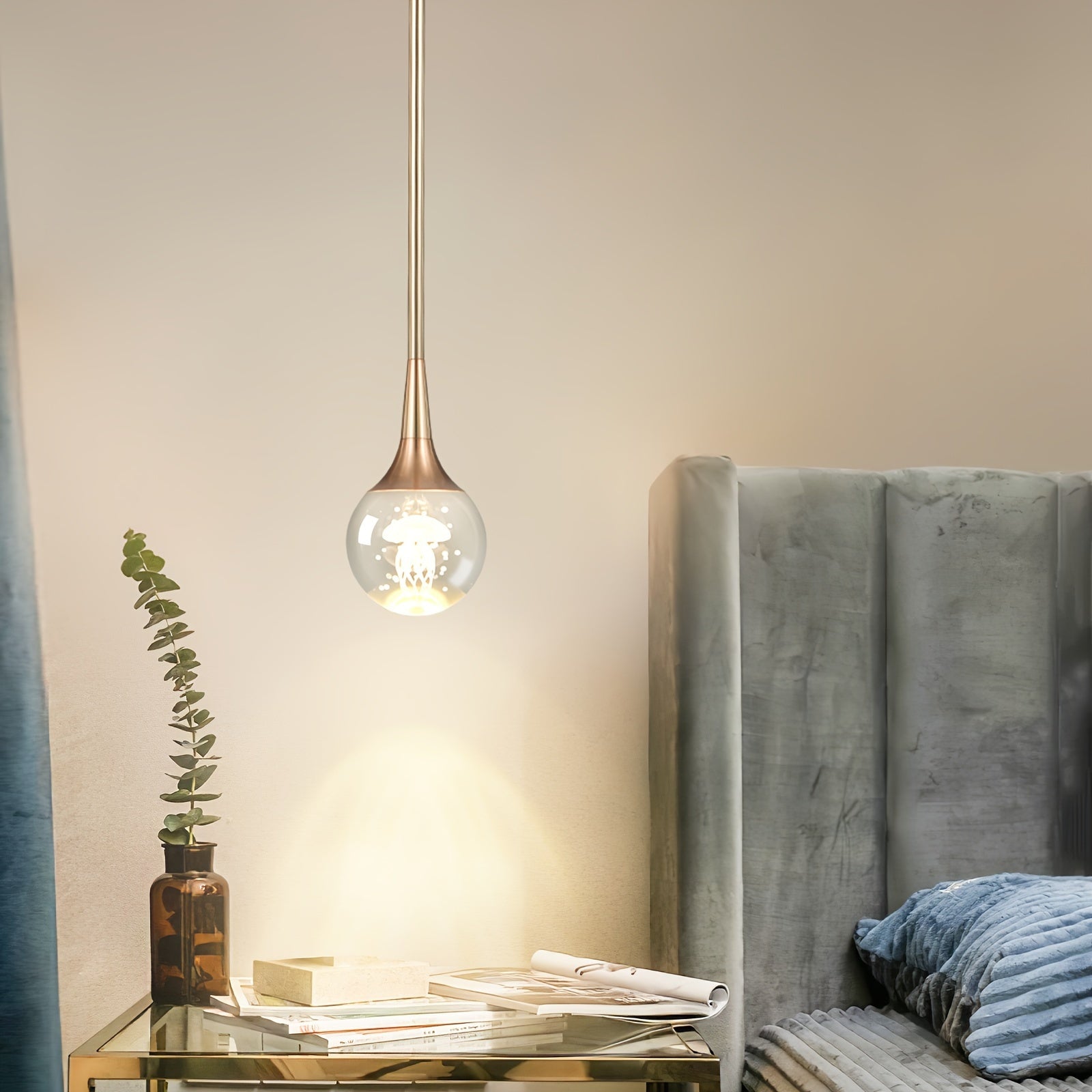 Enkerr modern mini LED jellyfish pendant light - height-adjustable teardrop-shaped chandelier, with crystal acrylic lampshade and gold finish, hardwired ceiling light, suitable for kitchen island, bedroom, bar (110V, with switch control)