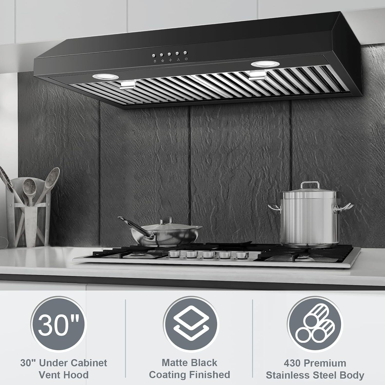 30-Inch Under Cabinet Range Hood with Three-Way Exhaust, Stainless Steel Construction with Baffle Filter, Designed for Kitchen Ventilation for Under-Cabinet Installation, Equipped with 3-Speed Exhaust Fan