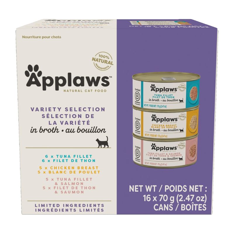 Applaws 天然湿粮猫粮，限量天然成分，无人工添加剂高蛋白，汤汁混合装（16罐 x 2.47oz）