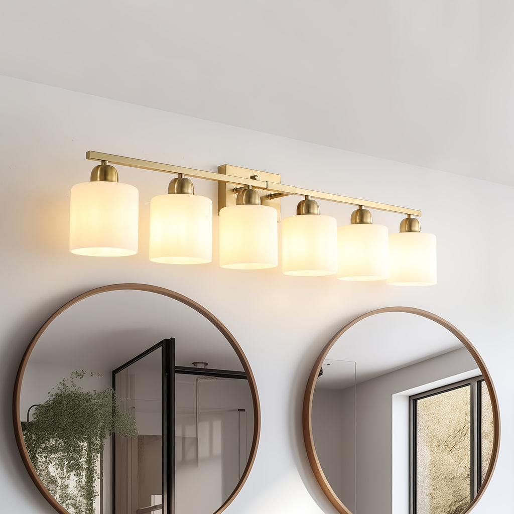 38-Inch 6-Light Bathroom Mirror Light Fixture (Copper), Stylish Modern Bathroom Wall Light, Wall-Mounted Lighting with Metal Frame and White Jade Glass Shade, Perfect for Mirror, Bedroom, Living Room and Hallway (E26 Bulb Base, Bulb Not Included)