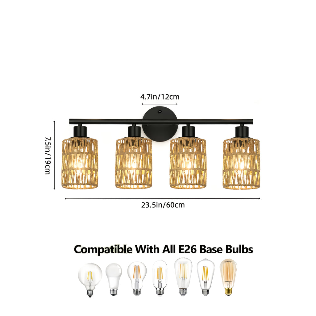 Farmhouse style 4-light hardwired semi-flush mount / ceiling mount vanity mirror light, with hand-woven lampshade — vintage cast iron top-mount wall light, suitable for bathroom, bedroom, hallway mirror installation (mirror not included)