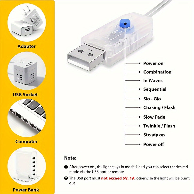 USB灯串 | 66FT 200LED, 33Ft 100 LED, 16.4FT 50LED 变色银丝灯，带8种照明模式遥控器，适用于工艺品卧室天花板圣诞装饰，彩色铜丝灯，USB供电，包含纽扣电池