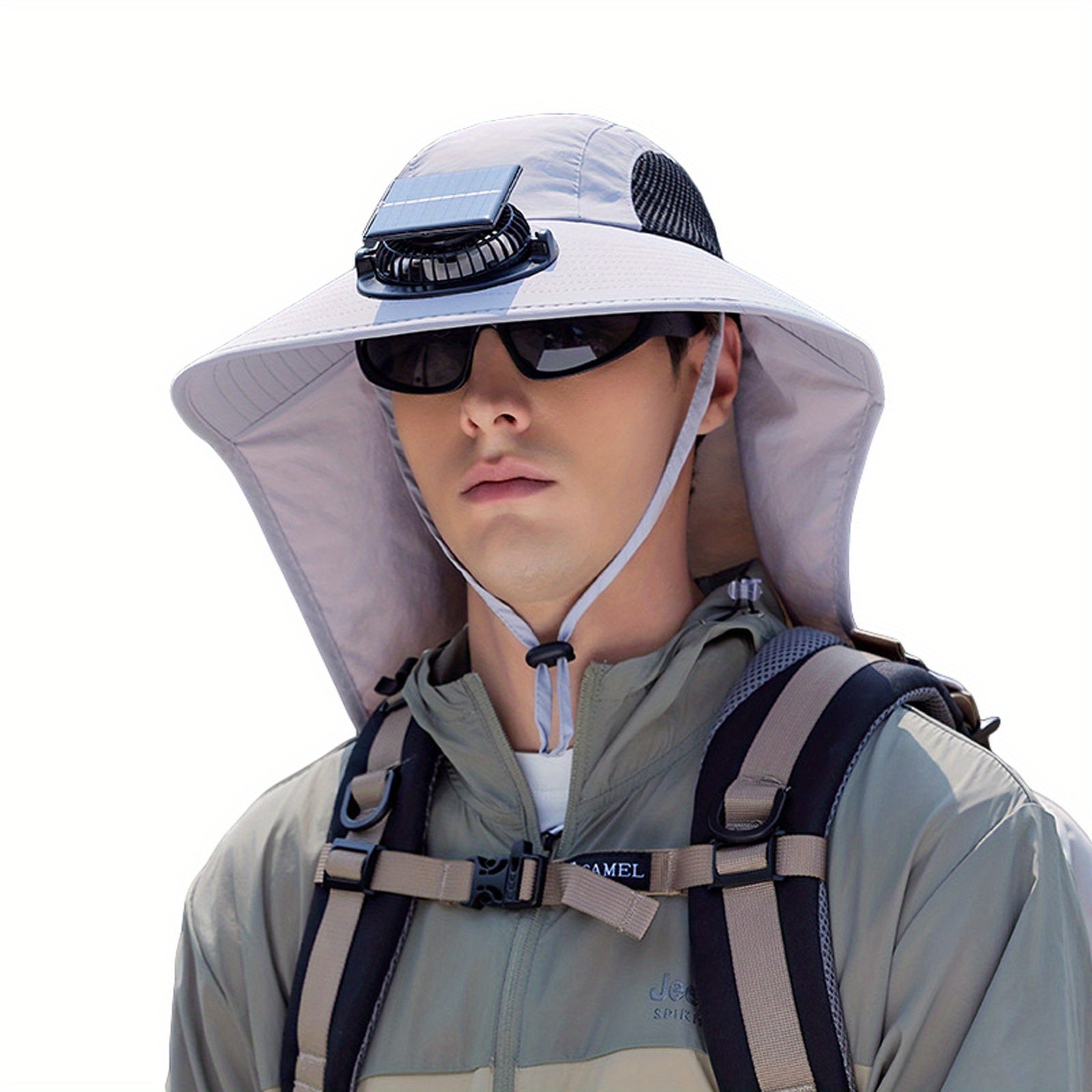 Men's Sun Hat with Solar Fan, Wide Brim Outdoor Boonie Hat, Lightweight African Safari Hat