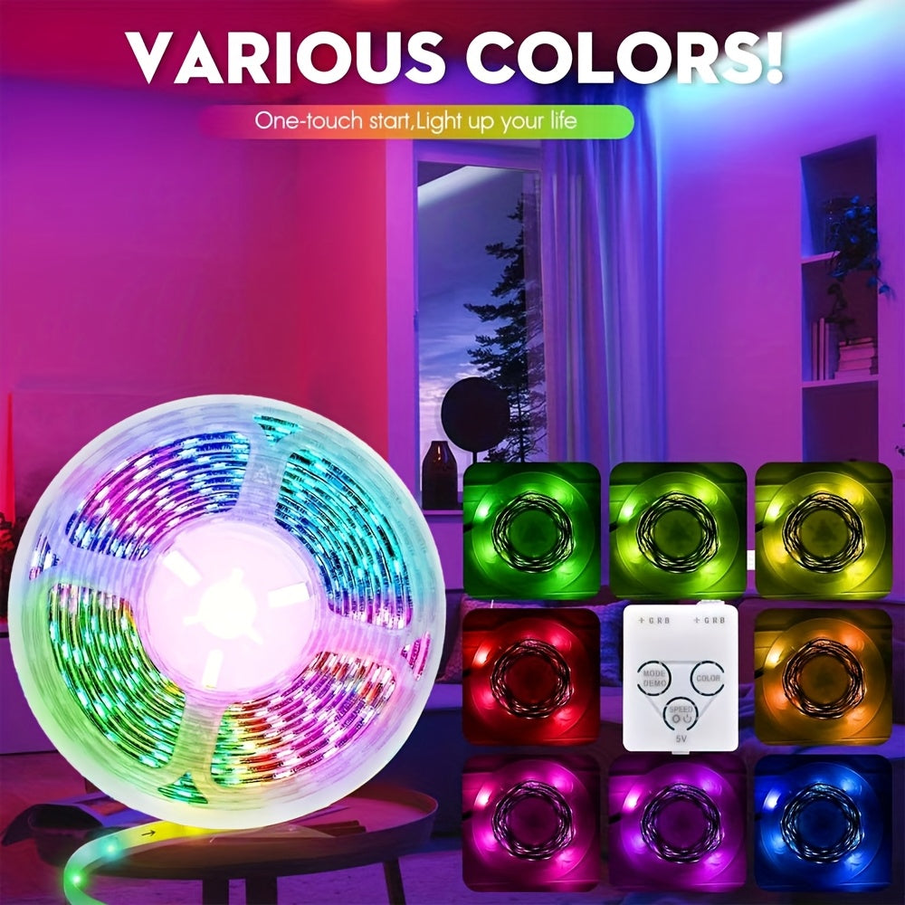 3.3英尺/1米-100英尺/30米 LED灯带，5V RGB LED灯，带3键遥控器，亮度可调，颜色可变，非常适合电视、客厅、卧室或派对环境（USB供电）