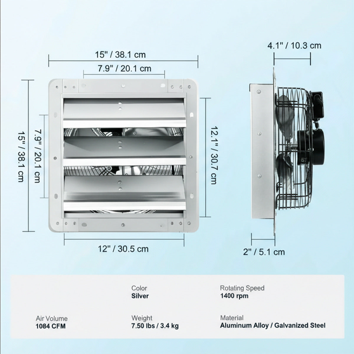 305mm Louvered Exhaust Fan 1400RPM & 1084CFM, AC Motor Equipped, Aluminum Wall Mount Attic Ventilation Fan, Net Weight 3.4KG, Classic Choice