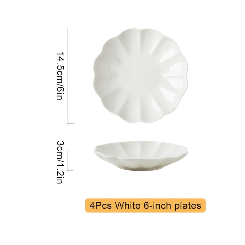 Set of 4, Ceramic Orchid-Shaped Design 6-Inch Plates in White / Pink / Off-White / Light Blue, Perfect for Soy Sauce, Vinegar, Hot Pot Dip, etc. – Exquisite Small Seasoning Dish, Heat-Resistant