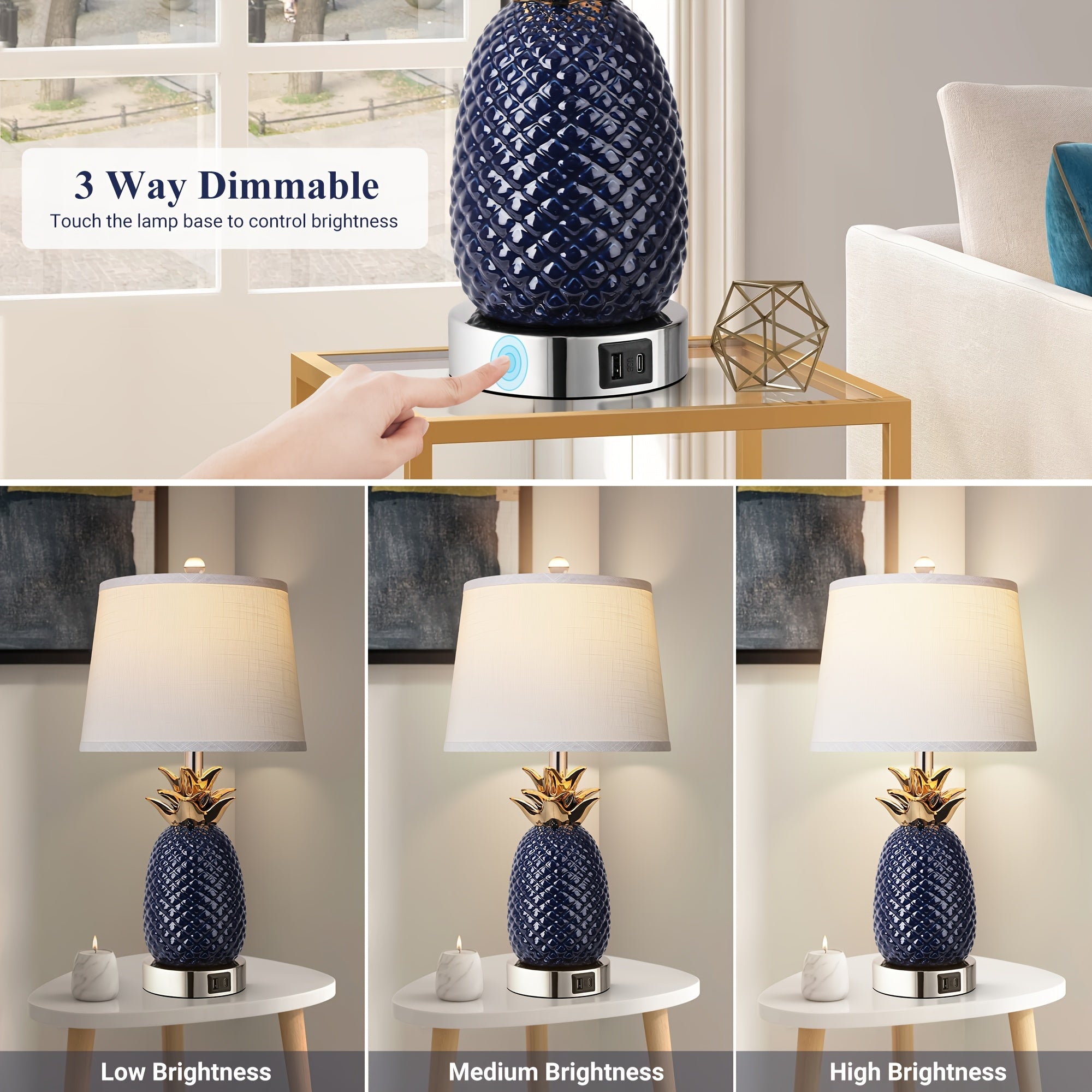2 sets of 22-inch pineapple table lamp, 3-level adjustable ceramic table lamp, suitable for living room, navy blue modern table lamp, with USB port, high coast table lamp, suitable for bookstore, restaurant, bedroom, office, 9-watt bulb included