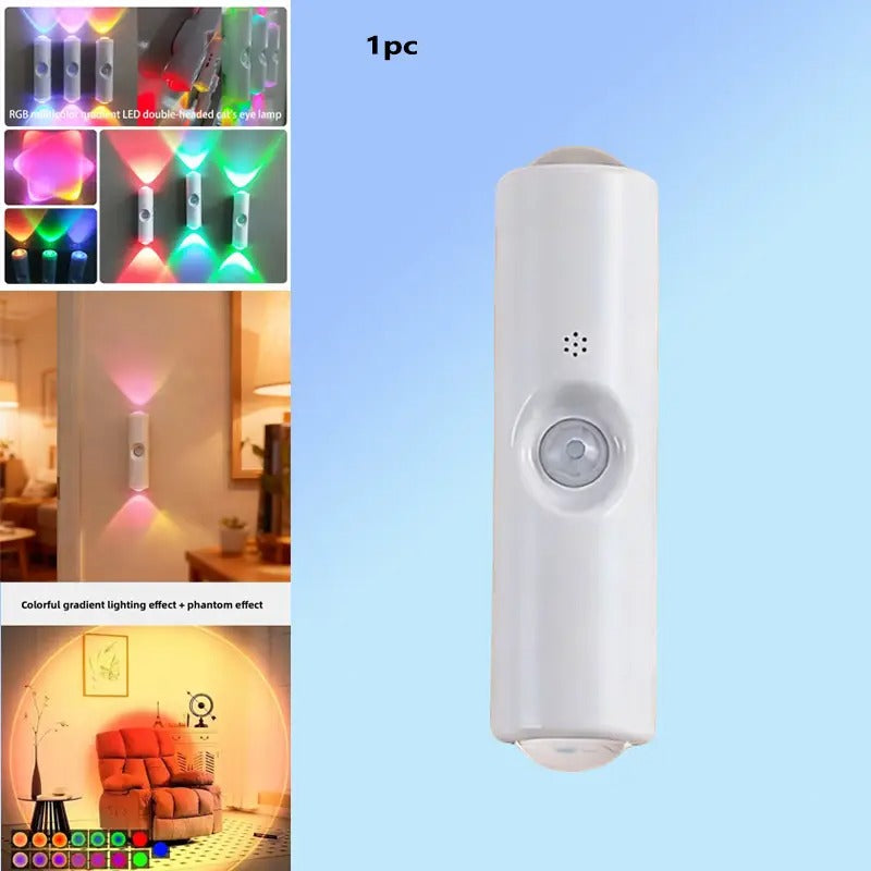 1 RGB cat eye sensor wall light, 7 color modes and stepless dimming LED spotlight, rechargeable plug-and-play ambiance light, modern aesthetic decorative lighting suitable for bedrooms, hallways and stairs