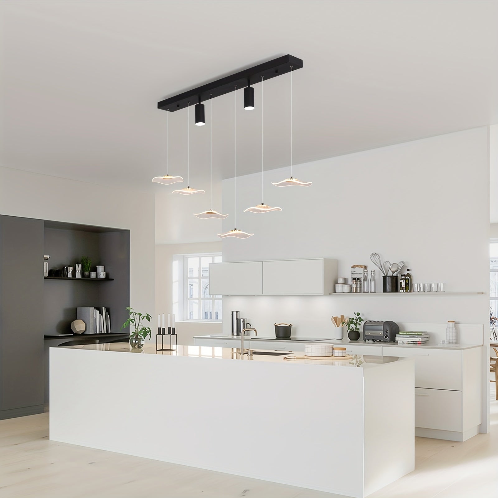 Enkerr modern style 6-head dimmable LED pendant light, with remote control, adjustable color temperature (3000K-6000K) and brightness, infrared remote control, memory function, large ceiling light suitable for kitchen island