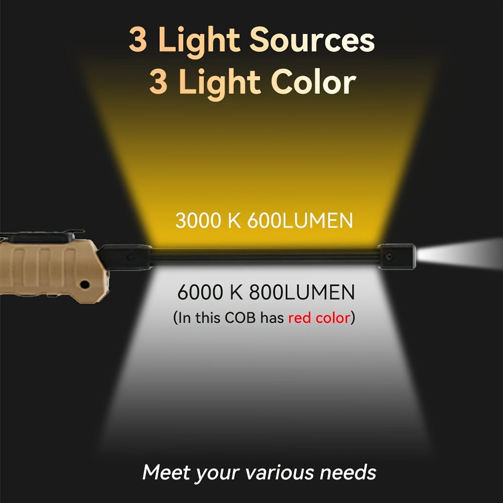 1 Portable LED Flashlight, USB Rechargeable Handheld Light, Foldable COB Work Light with Magnet & Hook, Rotatable Tent Light, 7-Mode 18650 Camping Light, Supports USB Output & Battery Level Indicator