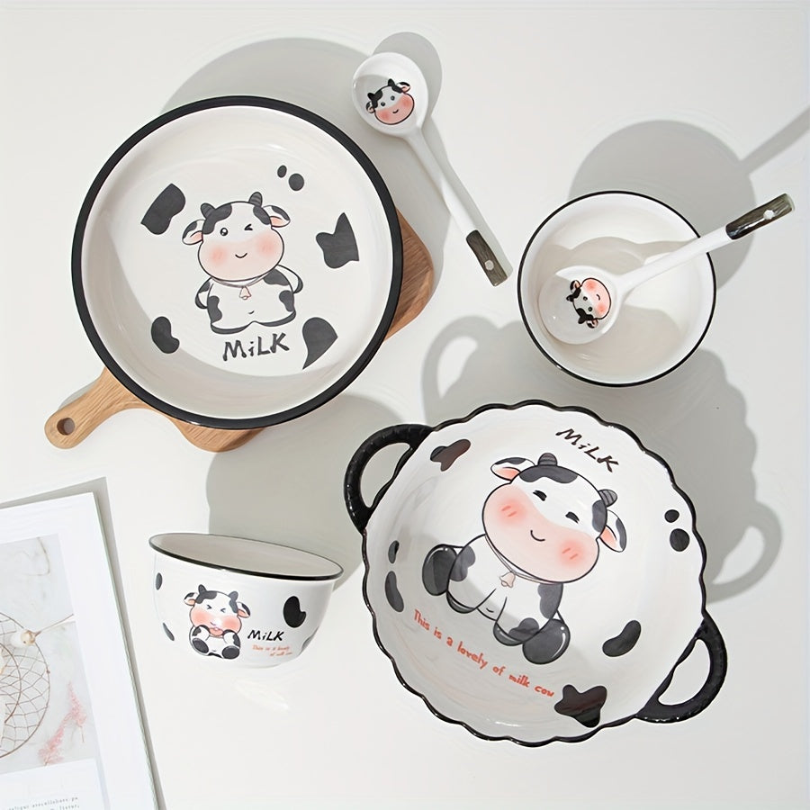 DUDU Cow Ceramic Dinnerware – 3/4pcs, Cute Cartoon Style, Rice Bowl / Salad Bowl / Soup Bowl / Handle Bowl, Small Spoon – Perfect for Dormitory or College Students