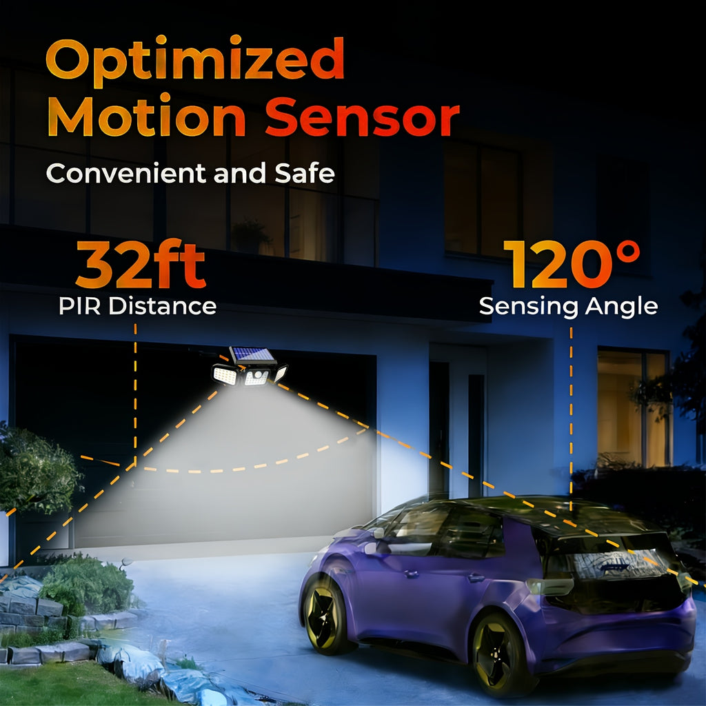 (1/2 Pack) Solar Outdoor 3-Head Motion Sensor Wall Light, Solar Fence Light, [74 LEDs / 3 Modes] 270° Wide Angle Illumination, IP65 Waterproof Outdoor Light, Perfect for Garden, Courtyard, Street, Garage, Patio and Porch Lighting.