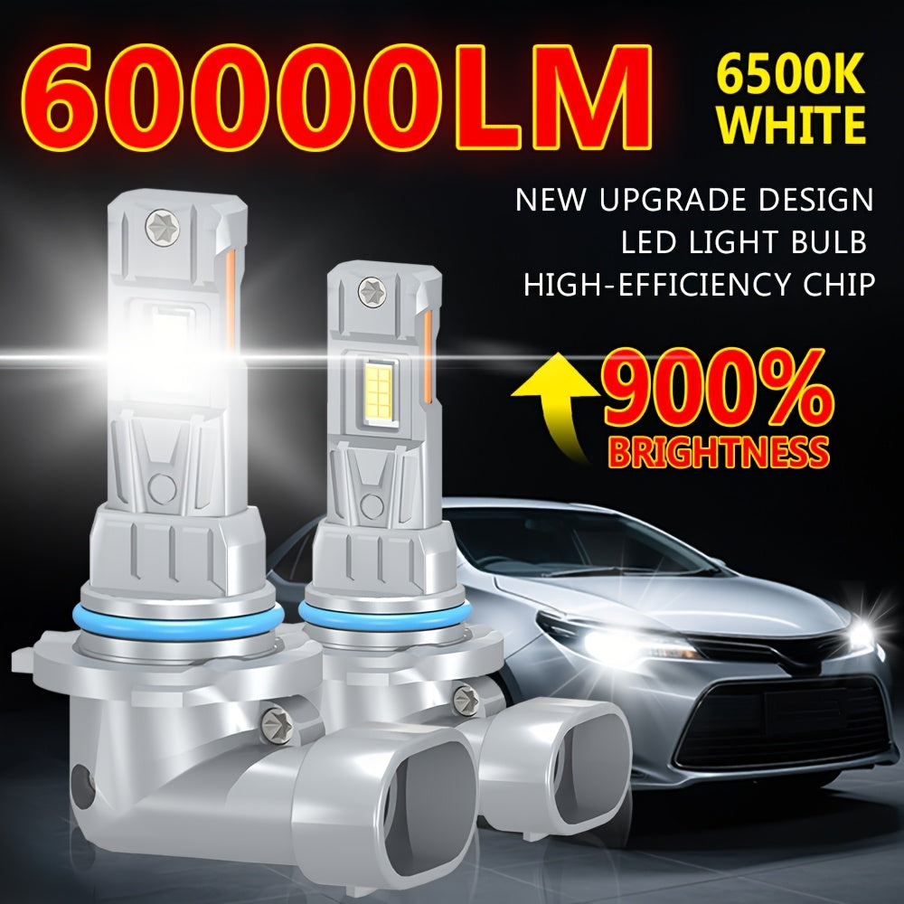 升级款H1 9005 9006 LED灯泡2个装，超亮迷你尺寸60000LM，12V 6500K白色带风扇，适用于汽车大灯、LED大灯和雾灯，易于安装，不含电池