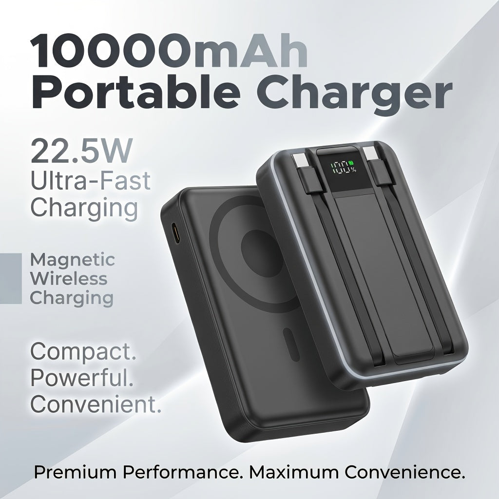 A 10000Mah 22.5W Magnetic Portable Power Bank Featuring Two Integrated Cables, an Essential Accessory for Everyday Travel