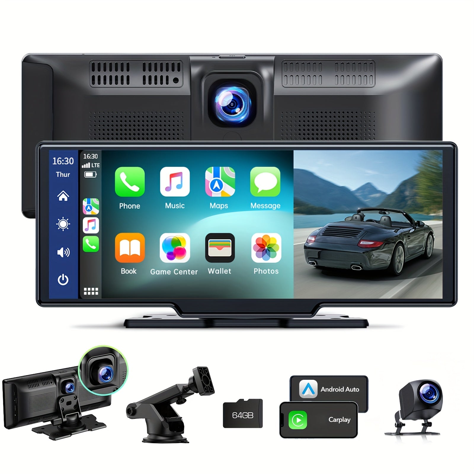 Lamtto 10.26" Wireless Carplay Display for Vehicles with 2.5K + 1080P Dash Cam, Portable Car Stereo GPS Navigation, Car Audio, Supports Android Auto, Airplay, Mirror Link, Compatible with 64GB TF Card, Universal Fit for All Vehicles