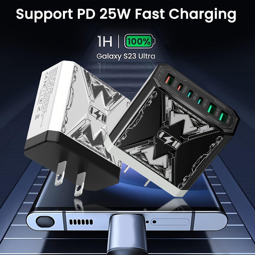 6-in-1 Fast Charger 3USB + 3Type-C Power Adapter with Indicator Light, QC3.0 Power Adapter Cube USB Wall Charger, for iPhone 17/ 16/ 15/ 13/ 13pro/ 12/ 12pro/ XR/ SE, Pro/ Mini/ Air