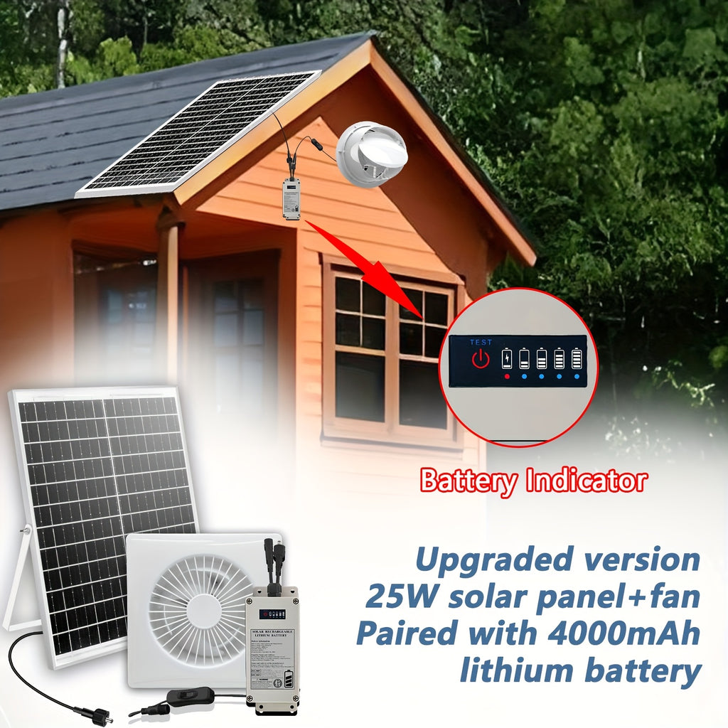 Solar Fan with Battery - 4/6/8 Inch, Gray | Includes 25W Solar Panel and 4000mAh Lithium Battery Kit, Suitable for Greenhouse Cooling, Shed, Chicken Coop and Pet House Ventilation