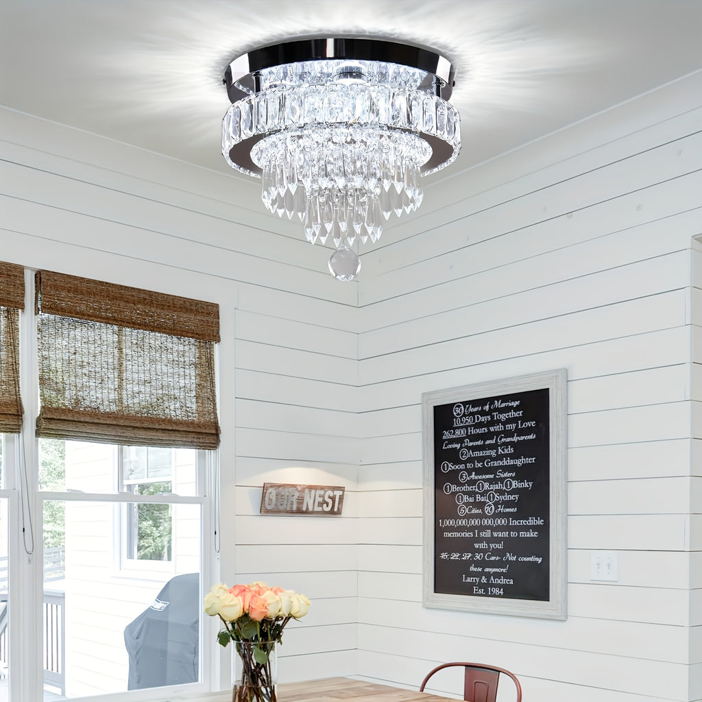 Remote Control Dimmable LED Crystal Ceiling Light - 11.8-Inch Modern Pendant Light with 3 Adjustable Light Colors, Suitable for Bedroom, Living Room and Hallway