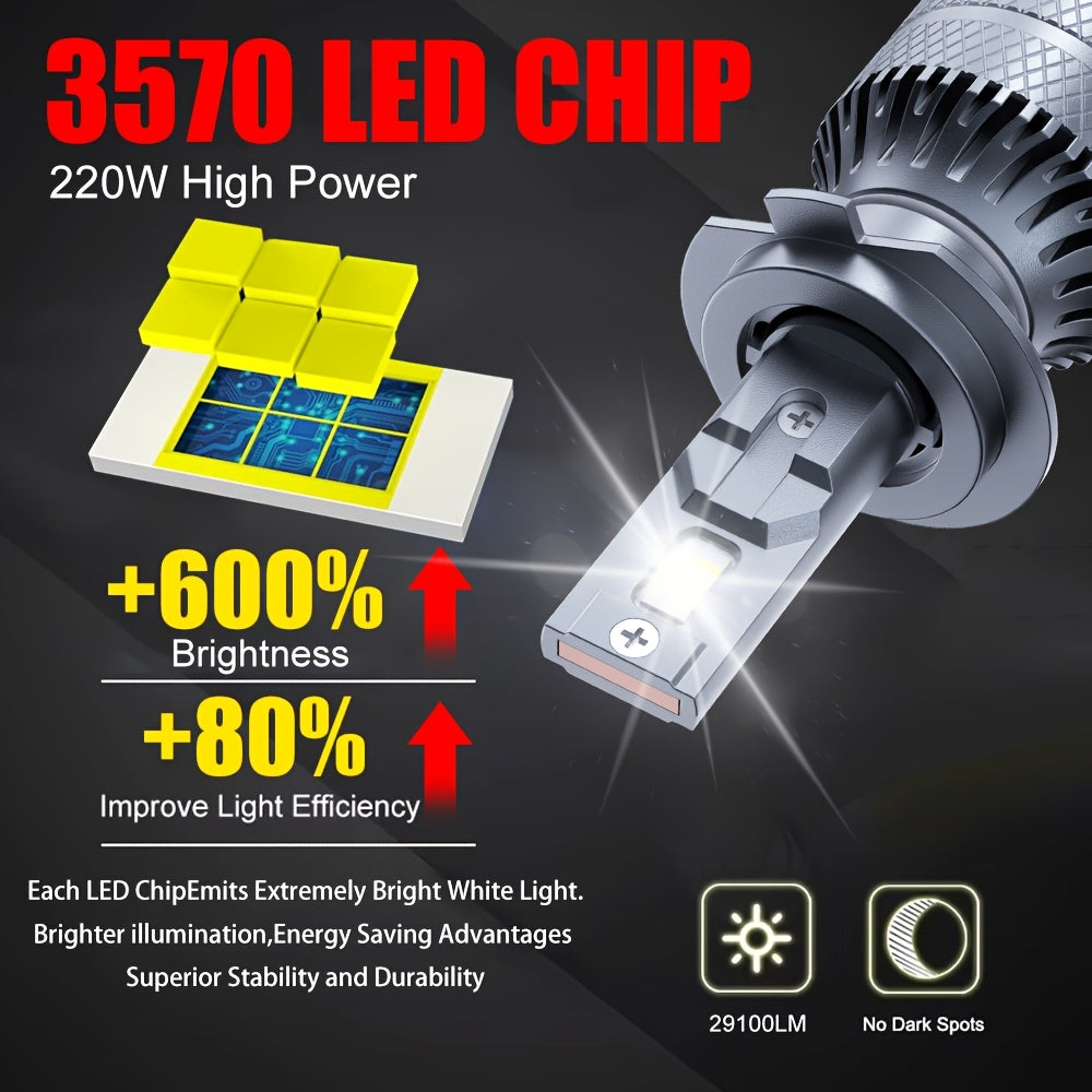 2-Pack Car LED Headlight Bulbs, Providing 29100 Lumens Brightness, 6500K Color Temperature, 220W Power, Designed Canbus Error-Free, Offers 600% Higher Brightness, Suitable for High/Low Beam Applications, Compatible with H1